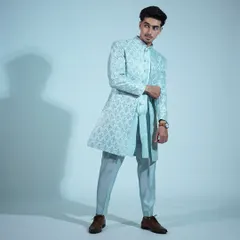 Traditional, but make it trendy. This light blue Indo-western sherwani with all-over embroidery is a fresh and modern take on classic ethnic wear.