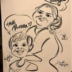 A heartwarming caricature of a mother and child, complete with cute speech bubbles.