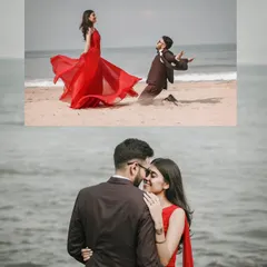A collage that tells a story of romance on the beach, from a playful proposal on the sand to a loving embrace by the waves.