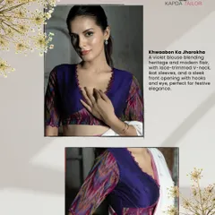 The Khwaabon Ka Jharokha blouse. This violet piece blends heritage and modern flair, with a lace-trimmed V-neck, ikat sleeves, and a sleek front opening, perfect for festive elegance.