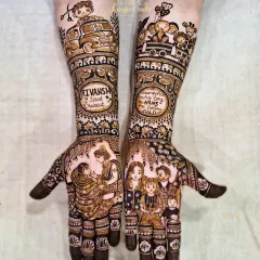 Celebrating life's biggest moments is my passion. This unique henna design was created for a baby shower and Mundan ceremony, featuring a family portrait, the baby's first haircut, and adorable animals in a car to tell the family's story.