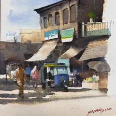 A watercolor painting of a typical Indian market street. I love capturing these scenes of daily life, with their interesting characters, textures, and the strong afternoon light creating deep shadows.