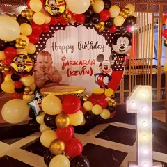 A close-up of the personalized birthday backdrop and cake table. We pay close attention to details like custom banners and themed elements to make the birthday child feel extra special.