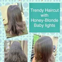 A trendy haircut is given a fresh update with honey-blonde babylights. These delicate highlights mimic the natural hair color of a child, adding a soft and subtle brightness.