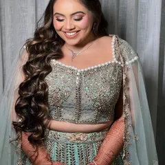 Here is a glamorous hairstyle for a Sagan and Sangeet night. I created voluminous, cascading waves that have beautiful movement and hold their shape, perfect for a night of celebration and dancing.