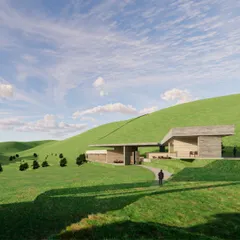 A conceptual view of two rammed earth blocks united by a single roof, designed for a retreat in Almora. The design creates a functional space for bonfires and gatherings while respecting the scale of the surrounding landscape.