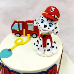 Here's a detailed look at Marshall the fire-pup from our Paw Patrol cake, complete with his red helmet and a miniature fire truck.