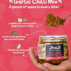 For those who love a punch of spice, our Garlic Chilli Mix is loaded with crushed garlic, ginger, and green chillies. It's handmade with pure mustard oil and pairs perfectly with parathas and dal-chawal.