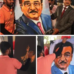 A collage showing the process and the final presentation of a live color portrait. From the first stroke on the canvas to the happy recipient, every step is part of the artistic journey.