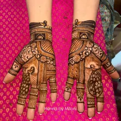 A classic, full-coverage bridal mehendi with a mix of geometric patterns, floral work, and traditional figures. The symmetry across both hands creates a balanced and regal look.