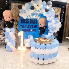 For Tejasveer's first birthday, we went with a fun Boss Baby theme. The decor featured a custom backdrop, character cutouts, and a balloon-wrapped cake table, creating a playful yet stylish setup for the little boss.