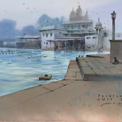 The full composition of my Pushkar ghat painting. I included details like the birds, the floating diya, and a lone monkey to bring the scene to life.