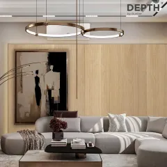 Here is how my fluted veneer panels can transform a living room. They create a sophisticated feature wall that adds warmth and texture, elevating the entire space beyond what simple paint could achieve.