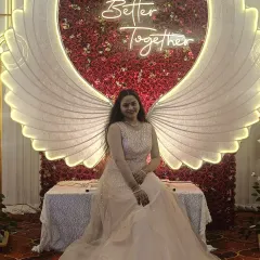 This client looks absolutely angelic in my dreamy ivory gown. The delicate silver embroidery and flowing skirt make it a popular choice for engagement ceremonies and pre-wedding photoshoots.