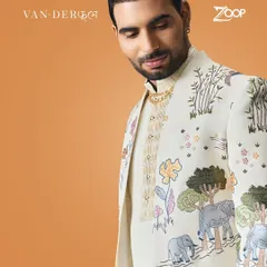 A closer look at the majestic vibe of our Vanderphool collection. The hand-painted elephants and trees on this bandhgala jacket exude a regal elegance and charm.