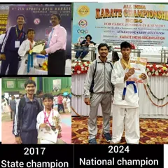 This collage documents a student's incredible journey from winning a state championship in 2017 to becoming a national champion in 2024, a true example of dedication.
