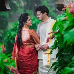 A beautiful pre-wedding shoot at Elements Bangalore, where the couple's traditional South Indian attire is perfectly framed by lush greenery and classic architecture.