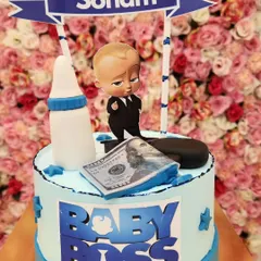 Another take on the popular Boss Baby theme, this cake includes a fondant milk bottle, a stack of edible money, and a briefcase. It's a fun and detailed design for a child's birthday party.