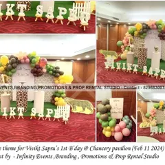 A simple and elegant giraffe theme for Vivikt's first birthday at the Chancery Pavilion. The decor features a balloon semi-arch in safari colors and cute giraffe props, creating a fun and stylish atmosphere.