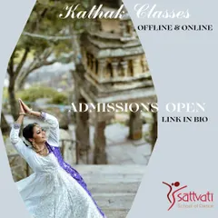 Our official admissions poster for both online and offline Kathak classes, featuring a graceful dance pose against a temple backdrop.