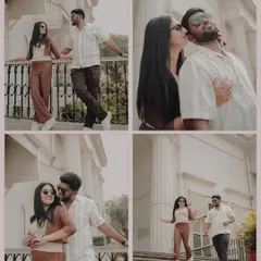 A four-part collage showing different moments from a stylish, architectural photoshoot, demonstrating the variety of shots captured.