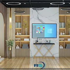 This waiting area or lounge in an office features a TV mounted on a marble accent wall, flanked by backlit bookshelves. The design uses wood flooring and modern lighting to create a welcoming and professional atmosphere.