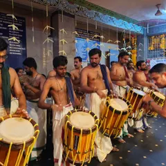 Our artists performing during the Mandala masa festival at the Ulsoor Ayyappan Temple in Bangalore. The temple environment is the true home of the Chenda Melam.