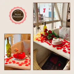 Here is another romantic setup in our bathtub dining area. It's a perfect spot for couples, decorated with rose petals and a heart-shaped cake to make your date night extra special.