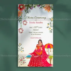 A vibrant Chura Ceremony invitation for a gorgeous bride. The design features a custom illustration of the bride in her beautiful red lehenga, surrounded by colorful flowers and traditional motifs.