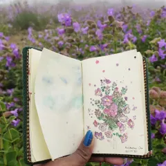 A watercolor sketch of the Neelakurinji flowers, painted on-site in the misty hills of Mullayanagiri. This sketchbook entry is a permanent memory of a flower that blooms only once in 12 years.