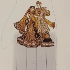 A classic bridal mehndi design showing the bride and groom during the pheras ceremony. This is a practice design on paper, showing the level of detail you will learn to create for your own clients.