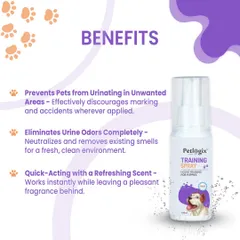 This graphic explains the key benefits of my Training Spray. It discourages pets from urinating in unwanted areas, completely eliminates existing urine odours, and works quickly, leaving behind a fresh, pleasant scent.