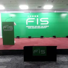 A custom stage and backdrop created for a corporate presentation by FIS. My event branding services ensure your company's logo and message are front and center, creating a polished and impactful setting for your speakers.