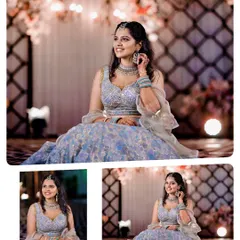 A beautiful collage from a Sangeet ceremony, showcasing the bride's stunning lehenga from different angles.