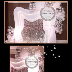 A detailed view of the personalized backdrop for the "Chapter 75" birthday celebration. The design incorporates a modern, layered structure with a sparkling central panel and a custom circular emblem marking the special occasion.