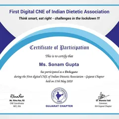 Certificate from the Indian Dietetic Association for a program focused on smart eating strategies during the lockdown. My motto 'Think smart, eat right' is backed by continuous learning and professional affiliations.