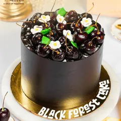 A modern classic. Our Black Forest Cake is redefined with a sleek chocolate finish and a generous topping of fresh, juicy cherries for an elegant look and rich taste.