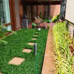 A perfect example of a clean, modern garden path. We installed lush Mexican grass alongside stone pavers, creating a functional and beautiful walkway that complements the home's architecture. The bordering plants add a touch of green texture.