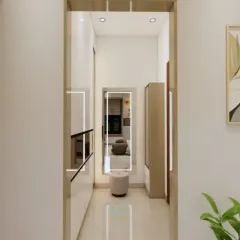 A view down a hallway, showing how we can integrate slim, full-height wardrobes to maximize storage in narrow spaces.