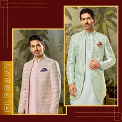 Elegant ensembles for the modern couple. This campaign image features two distinct jacket styles for men, one in a soft lavender and the other in a fresh mint green.