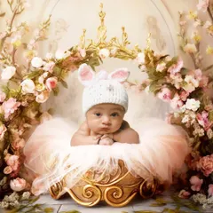 Another take on the royal theme, with a baby in a bunny hat resting in a golden prop surrounded by a floral arch.