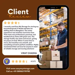 This client review highlights a seamless and stress-free experience storing goods in Noida and later shifting them to Bangalore. We are proud our professional and punctual team provided such peace of mind.