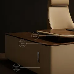 Our modular designs adapt to your needs. This image highlights the integrated side storage, premium wood finish, and rounded edges of an executive workstation, showing how we combine practicality with high-end design.