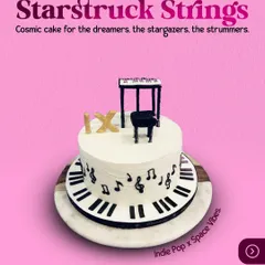 For the dreamers and the stargazers. This "Starstruck Strings" cake with a piano theme is a beautiful tribute to the love of music, perfect for any aspiring musician.