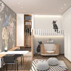 A render of a children's room, showcasing the initial vision for the space. This digital visualization helps us and our clients see how the layout, furniture, and decor will come together before construction begins.