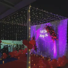 A rooftop proposal setup under a canopy of fairy lights. The purple lighting, red floral accents, and a "Will You Marry Me" neon sign create a dramatic and romantic atmosphere.