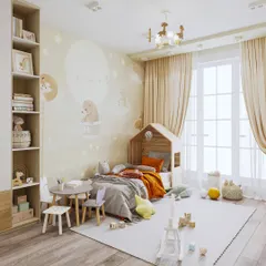 This perspective highlights the natural light and airy feel of the room, creating a pleasant environment for a child.