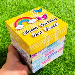 Here is another view of my best friend themed birthday explosion box, held in my hand to show its compact size before the big reveal.