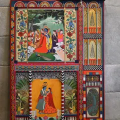A salvaged camphor wood panel, once forgotten, is now a canvas for Krishna's tales. Through meticulous restoration and a combination of hand-painting and digital artistry, this architectural fragment has been transformed into a piece of fine art, rich with narrative and color.