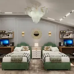 Perfect for siblings who are also study buddies, this room features two separate beds with identical computer desks. This symmetrical setup ensures each child has their own dedicated space for homework and hobbies.